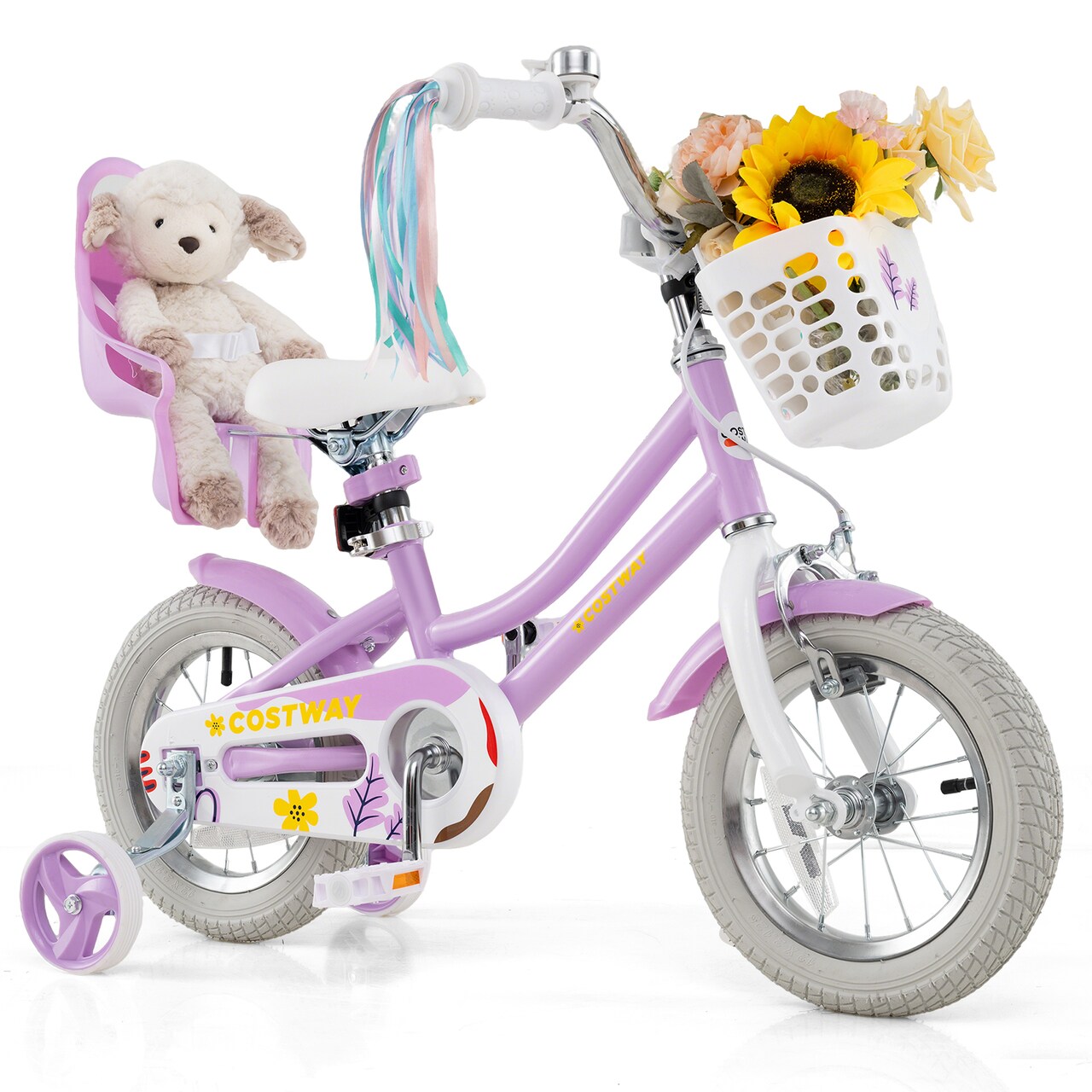 Kids Bike with Training Wheels Basket and Doll Seat Adjustable Height Rose Red